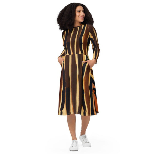 Womens Long Sleeve Midi Dress - Zorse Lines Print-0