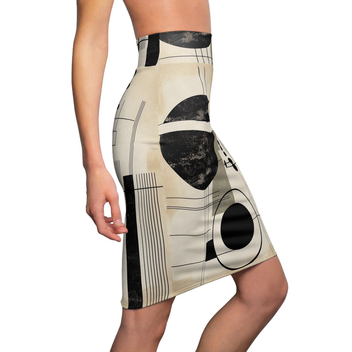 Womens Pencil Skirt - Abstract Black Beige Brown Geometric Shapes-2