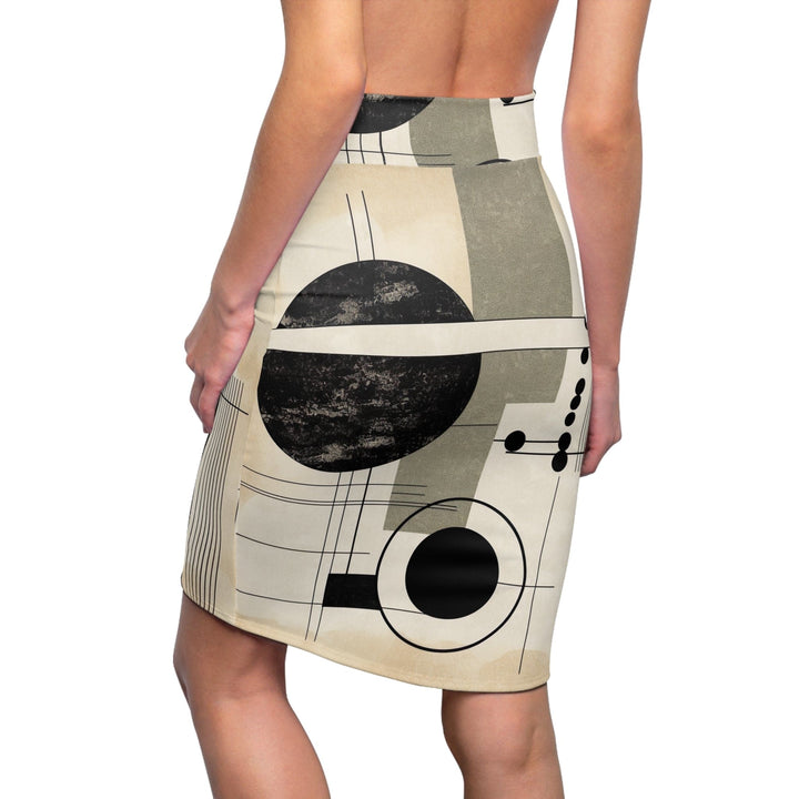 Womens Pencil Skirt - Abstract Black Beige Brown Geometric Shapes-1