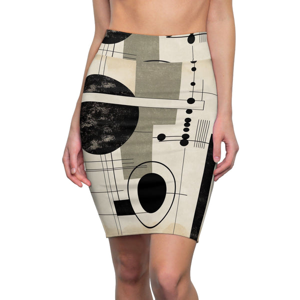 Womens Pencil Skirt - Abstract Black Beige Brown Geometric Shapes-0