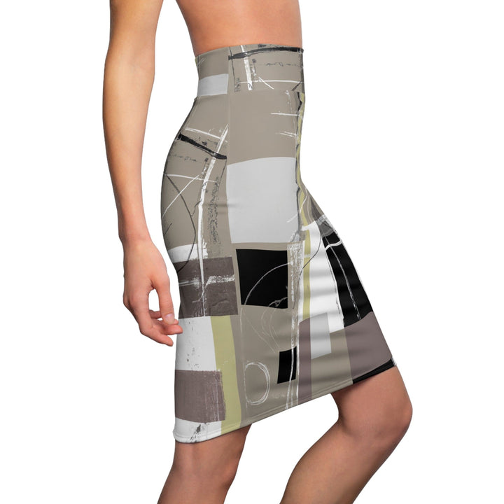 Womens Pencil Skirt - Abstract Black Brown Beige Geometric Contemporary Art Shapes-2