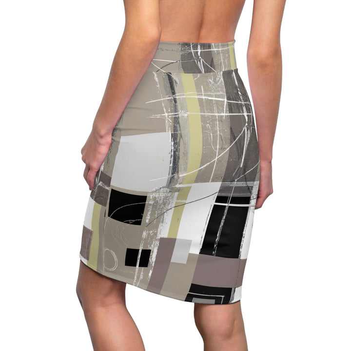 Womens Pencil Skirt - Abstract Black Brown Beige Geometric Contemporary Art Shapes-1