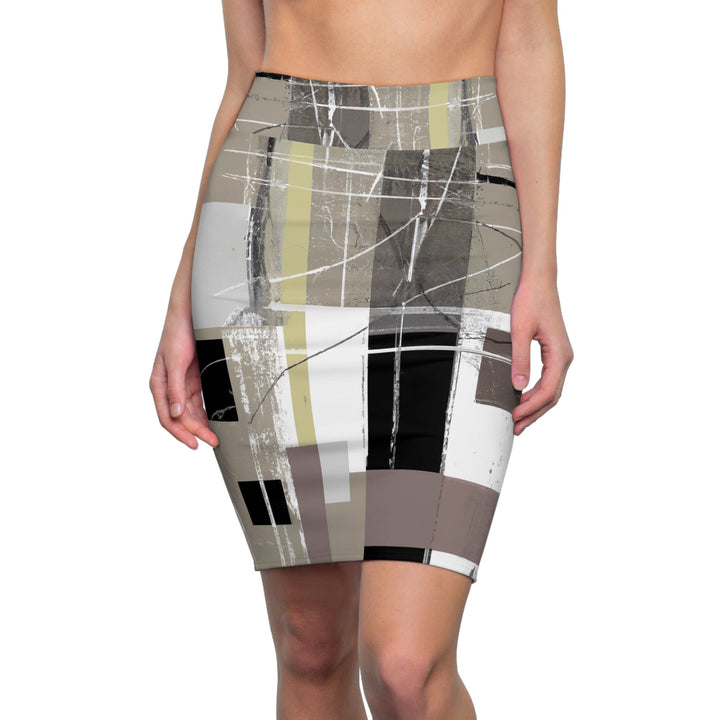Womens Pencil Skirt - Abstract Black Brown Beige Geometric Contemporary Art Shapes-0