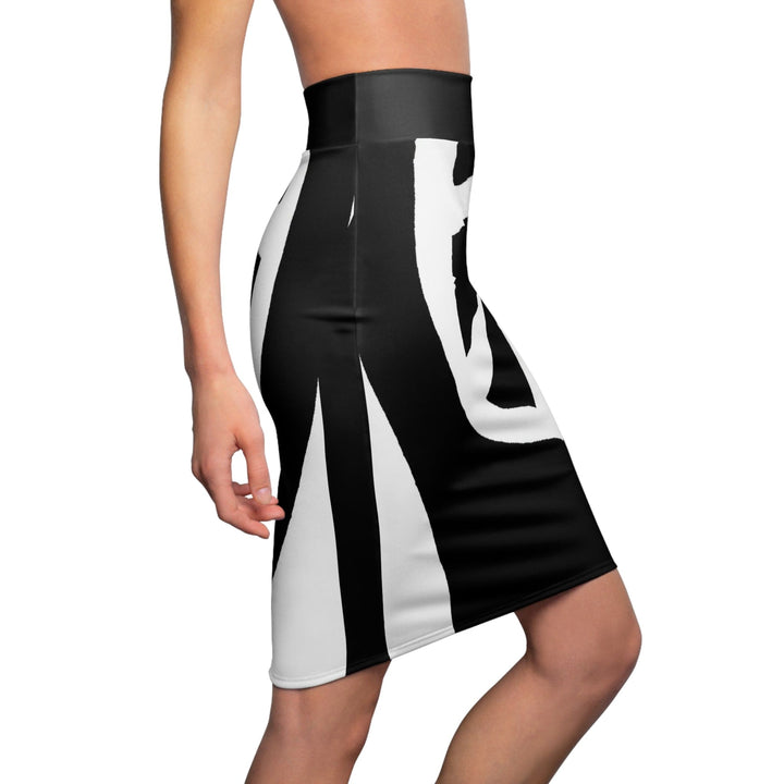 Womens Pencil Skirt - Black and White Geometric Pattern-2