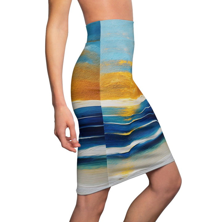 Womens Pencil Skirt - Blue Ocean Golden Sunset-2