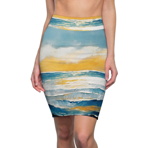Womens Pencil Skirt - Blue Ocean Golden Sunset-0