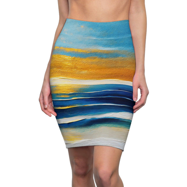 Womens Pencil Skirt - Blue Ocean Golden Sunset-0