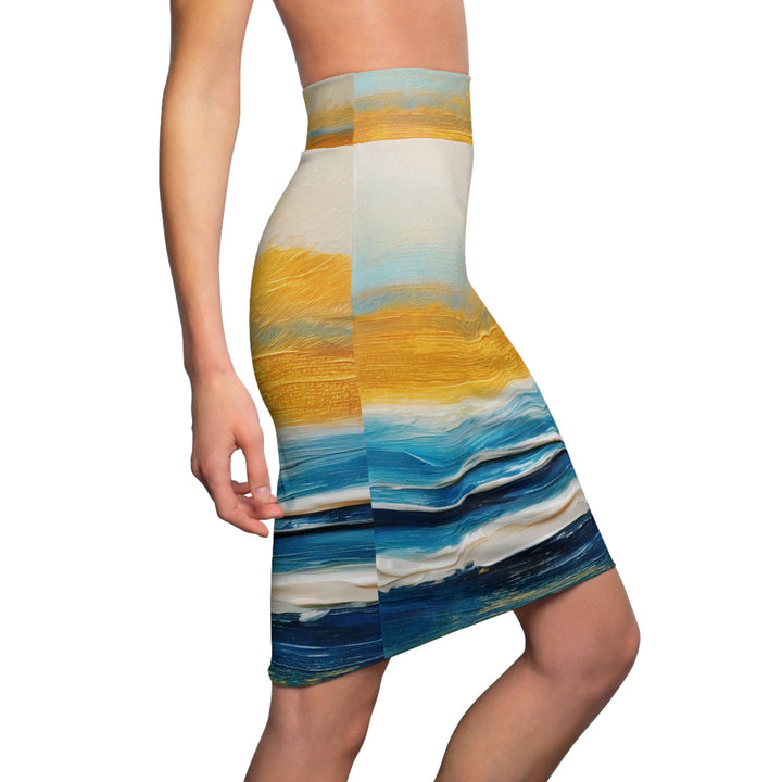 Womens Pencil Skirt - Blue Ocean Golden Sunset Print-2