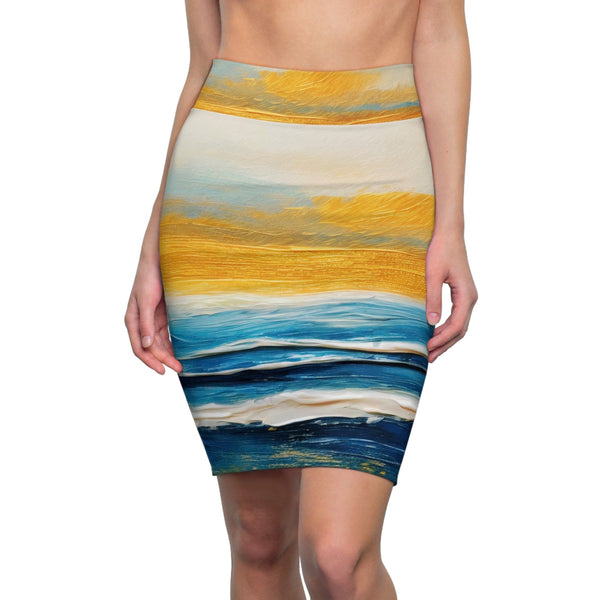 Womens Pencil Skirt - Blue Ocean Golden Sunset Print-0