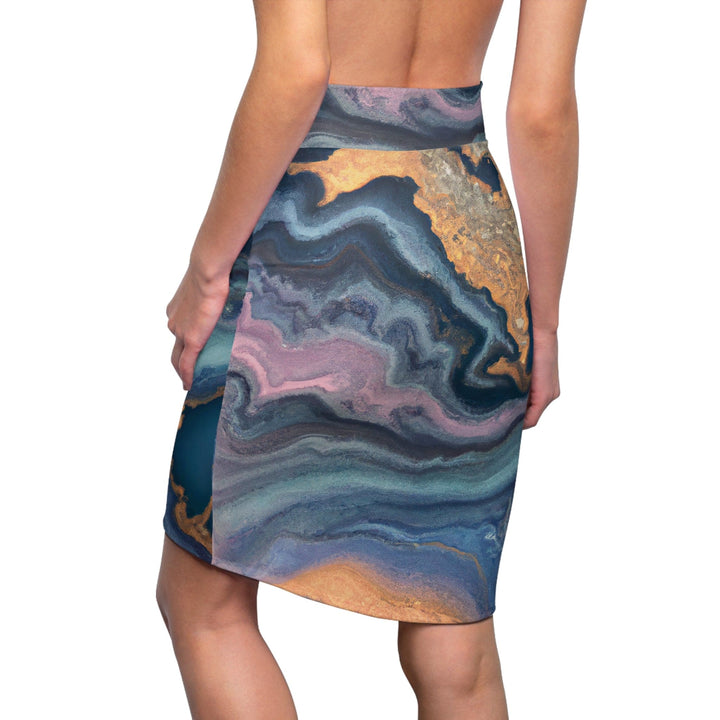 Womens Pencil Skirt - Blue Pink Gold Abstract Marble Swirl Pattern-1