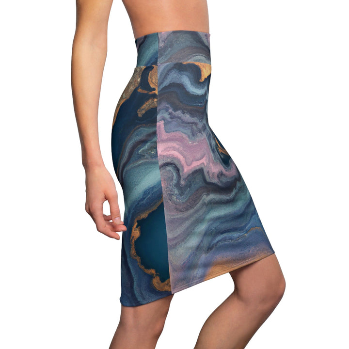 Womens Pencil Skirt - Blue Pink Gold Abstract Marble Swirl Pattern-2