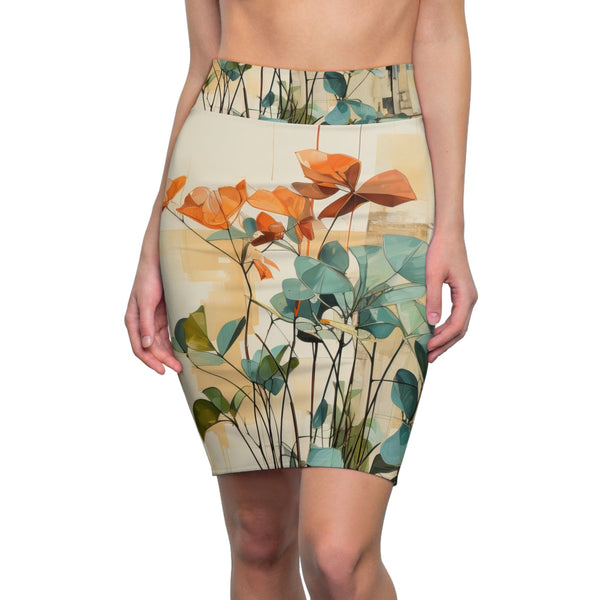 Womens Pencil Skirt - Contemporary Botanical Earthy Rustic Plant Print-0