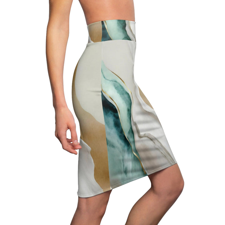 Womens Pencil Skirt - Cream White Green Marbled Print-2