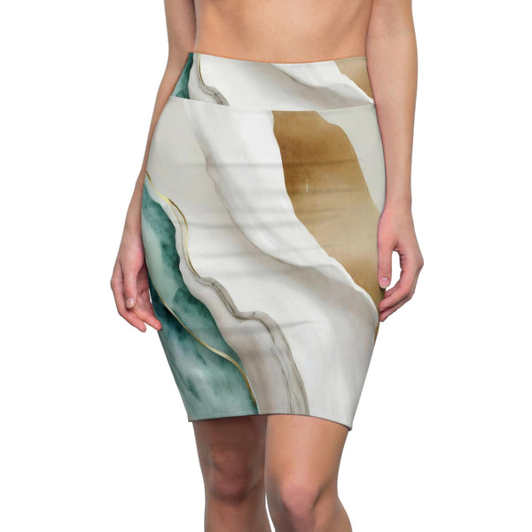 Womens Pencil Skirt - Cream White Green Marbled Print-0