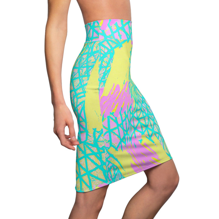 Womens Pencil Skirt - Cyan Blue Lime Green and Pink Pattern-2