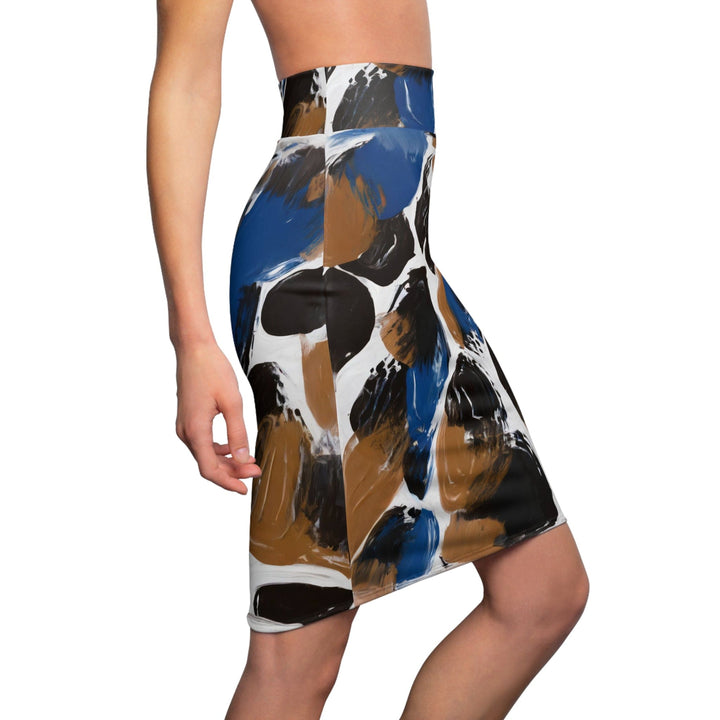 Womens Pencil Skirt - Dark Blue and Brown Spotted Abstract Pattern-2
