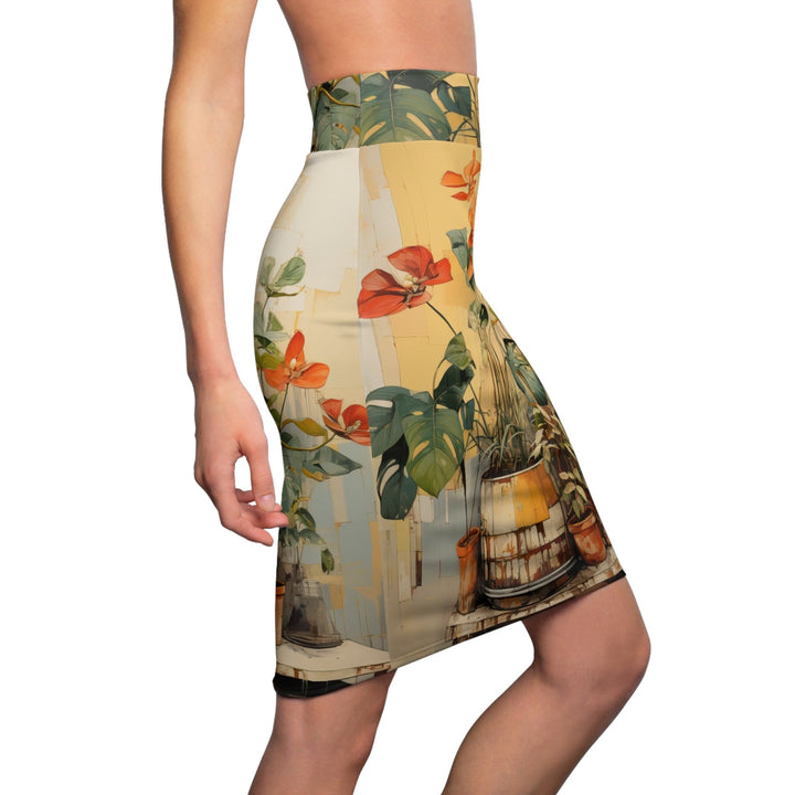 Womens Pencil Skirt - Earthy Rustic Potted Plants-2