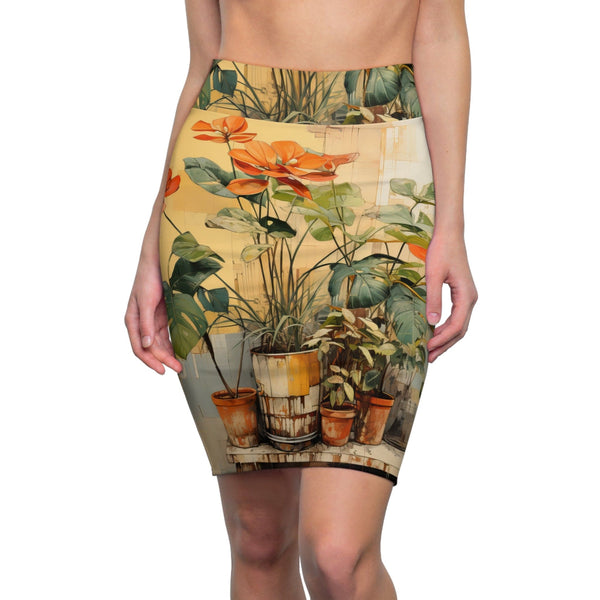 Womens Pencil Skirt - Earthy Rustic Potted Plants-0