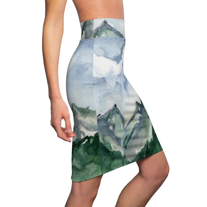 Womens Pencil Skirt - Green Mountainside Nature Landscape Blue Sky Print-2