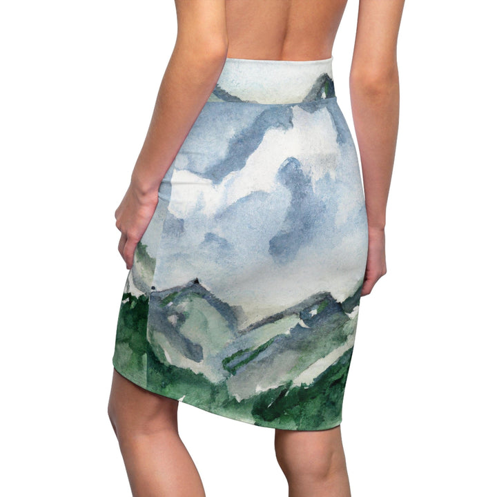 Womens Pencil Skirt - Green Mountainside Nature Landscape Blue Sky Print-1