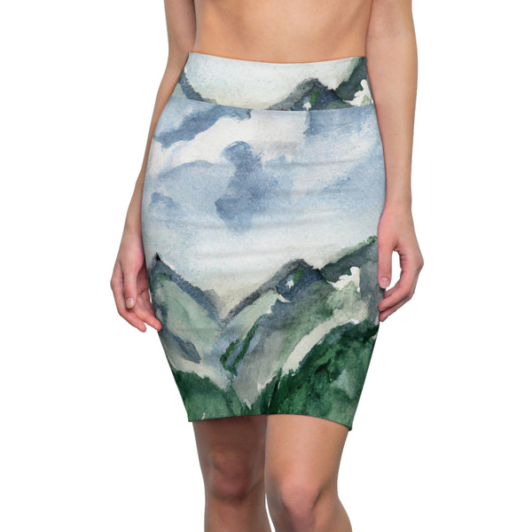 Womens Pencil Skirt - Green Mountainside Nature Landscape Blue Sky Print-0