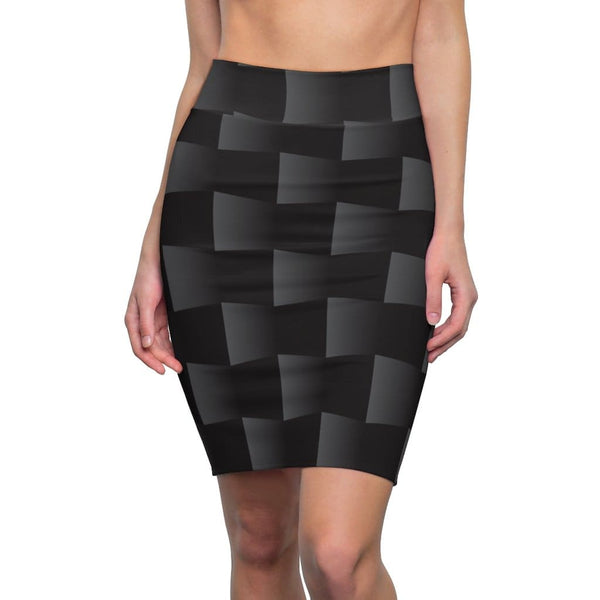 Womens Pencil Skirt - High Waist Stretch - 3d Black Squares-0