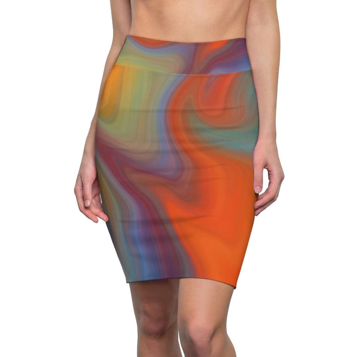 Womens Pencil Skirt - High Waist Stretch - Autumn Orange Swirl-0