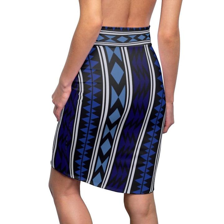 Womens Pencil Skirt - High Waist Stretch - Blue Aztec-1