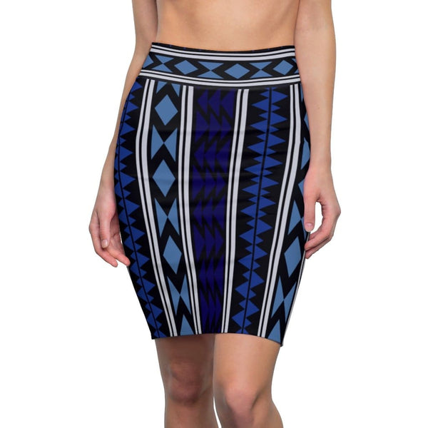 Womens Pencil Skirt - High Waist Stretch - Blue Aztec-0