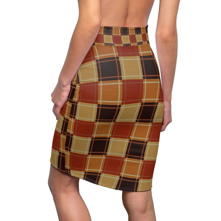 Womens Pencil Skirt - High Waist Stretch - Checker Brown-1