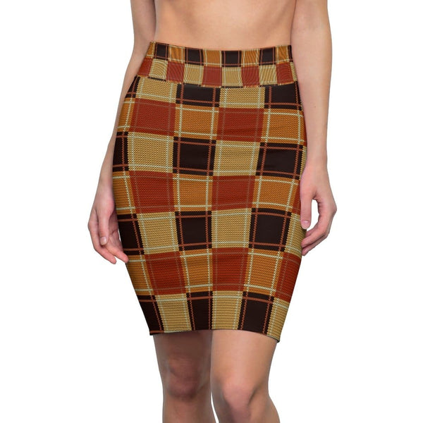 Womens Pencil Skirt - High Waist Stretch - Checker Brown-0