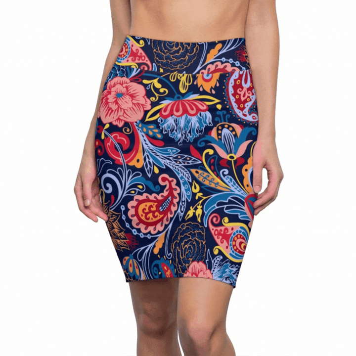 Womens Pencil Skirt - High Waist Stretch - Multicolor Floral Print S19337-3