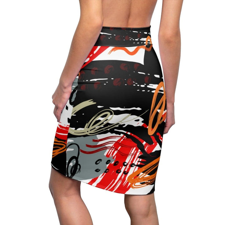 Womens Pencil Skirt - High Waist Stretch - Trio Black/red White-1