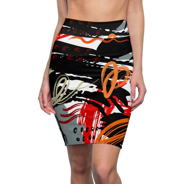 Womens Pencil Skirt - High Waist Stretch - Trio Black/red White-0