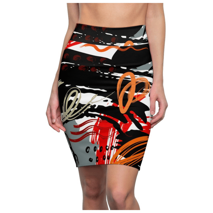 Womens Pencil Skirt - High Waist Stretch - Trio Black/red White-2
