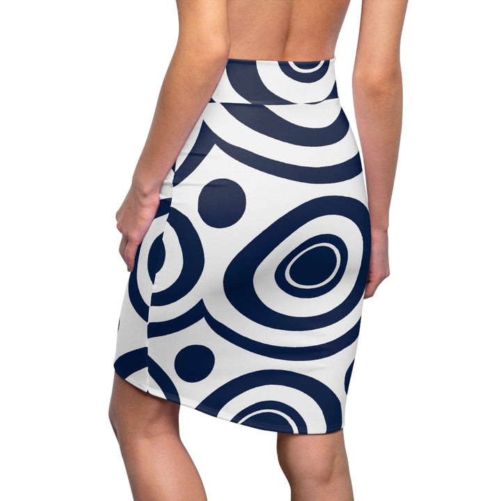 Womens Pencil Skirt - Navy Blue and White Circular Pattern-1