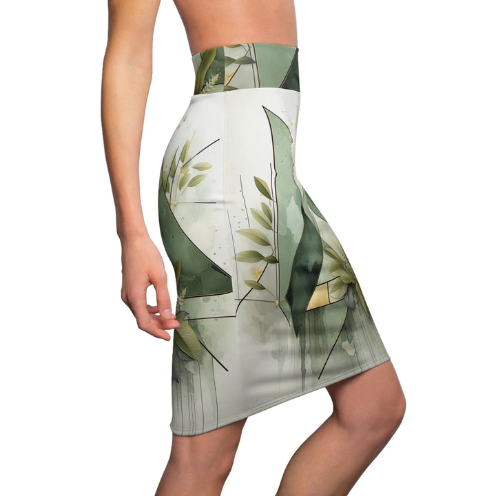 Womens Pencil Skirt - Olive Green Mint Leaf Geometric Print-2