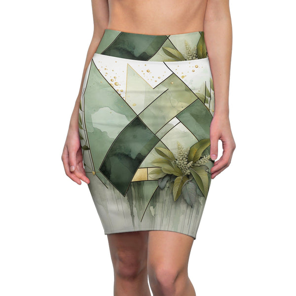 Womens Pencil Skirt - Olive Green Mint Leaf Geometric Print-0