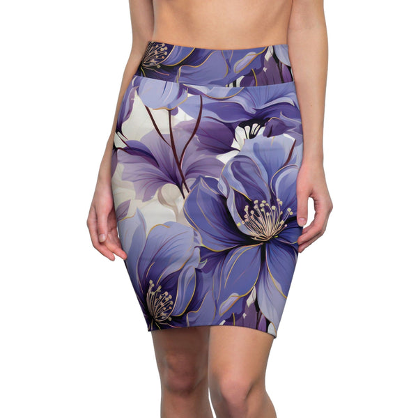 Womens Pencil Skirt - Purple and Violet Botanical Blooms: Floral Illustration-0