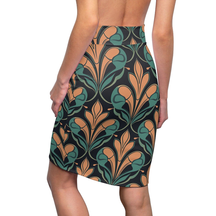 Womens Pencil Skirt - Retro Vintage Green and Cream Illustration Pattern-1
