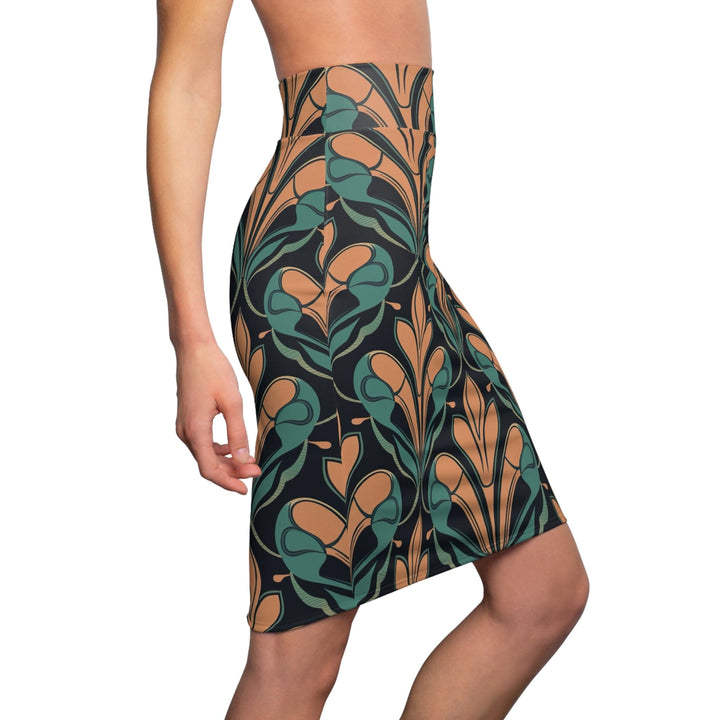 Womens Pencil Skirt - Retro Vintage Green and Cream Illustration Pattern-2