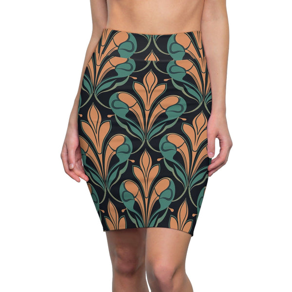 Womens Pencil Skirt - Retro Vintage Green and Cream Illustration Pattern-0
