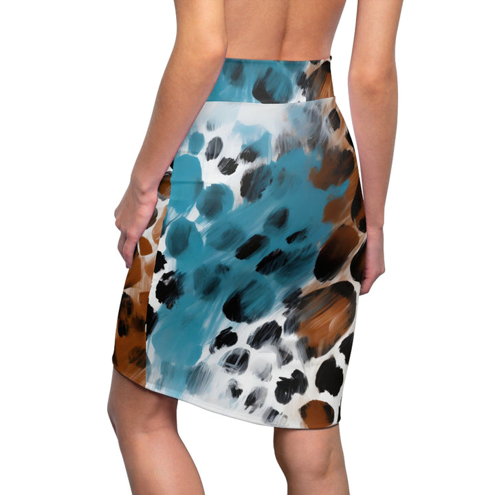 Womens Pencil Skirt - Rustic Blue and Brown Spotted Illustration-1