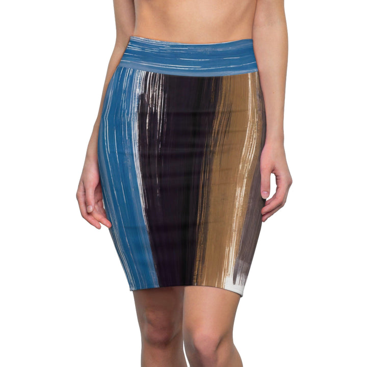 Womens Pencil Skirt - Rustic Brown Blue Black Purple Brush Lines Illustration-0