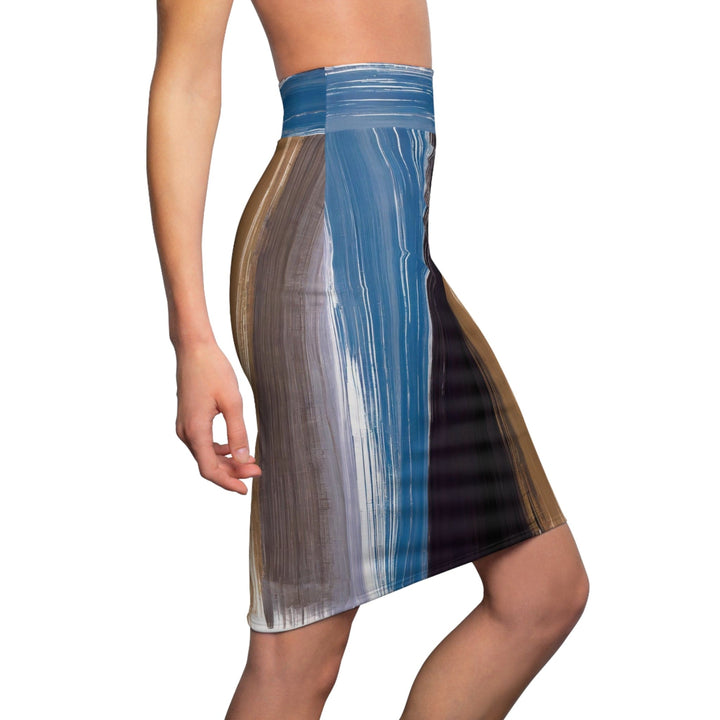 Womens Pencil Skirt - Rustic Brown Blue Black Purple Brush Lines Illustration-2