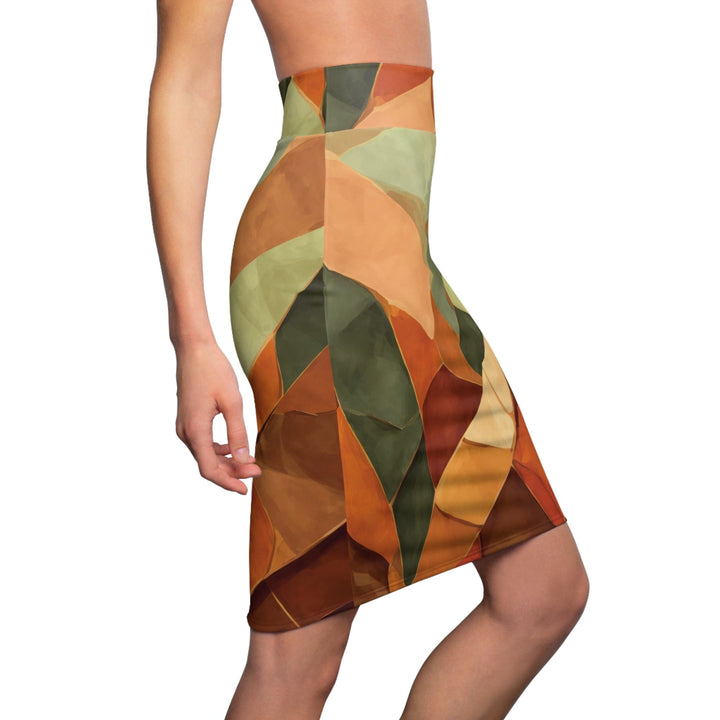 Womens Pencil Skirt - Rustic Red Amber Peach Olive Green Geometric Illustration-2