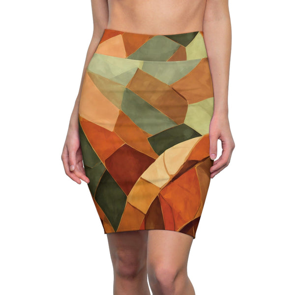 Womens Pencil Skirt - Rustic Red Amber Peach Olive Green Geometric Illustration-0