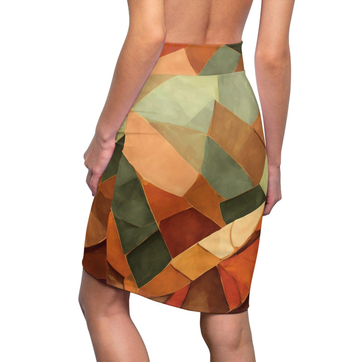 Womens Pencil Skirt - Rustic Red Amber Peach Olive Green Geometric Illustration-1