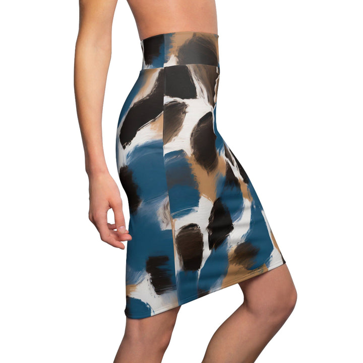 Womens Pencil Skirt - Spotted Rustic Brown Black Blue Abstract Illustration-2