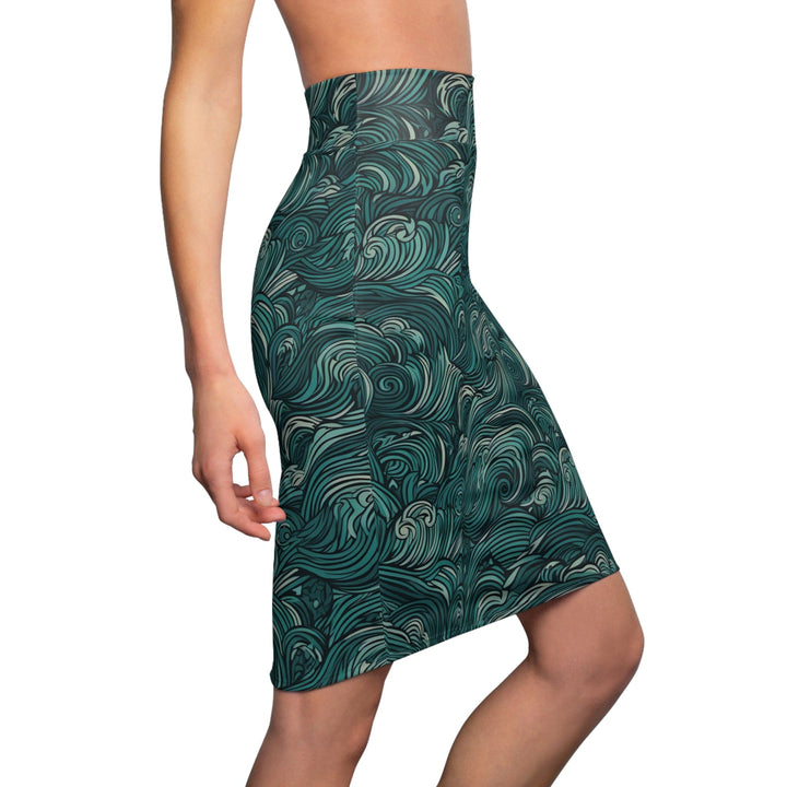 Womens Pencil Skirt - Water Wave Mint Green Illustration-2